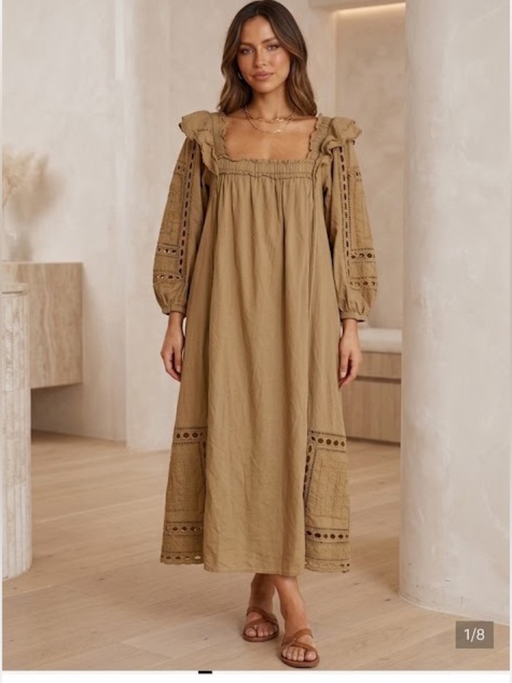 MARIA CHER / square neck khaki tan embroidered midi eyelet puff TUNIC DRESS S